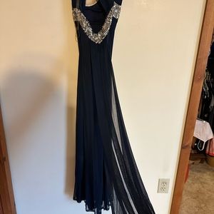 Prom dress, one shoulder, navy with silver beading and sequin, size 1,